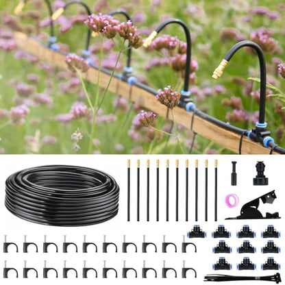 360° Automatic Drip Irrigation Kit - 5/16'' Tubing, Adjustable Universal Spray Nozzle, Copper Atomizing System for Garden/Lawn/Greenhouse - Multi-Directional Rotation, Quick Connectors, 33FT - size: 33FT