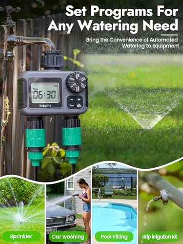 Insoma 2-Zone Sprinkler Timer, Programmable Garden Hose Timer with Auto/Manual/Rain Delay Modes | Water-Saving Irrigation Controller for Lawn, Yard & Drip Systems | Waterproof Design & Easy Setup - size: 2 Zone-Plastic