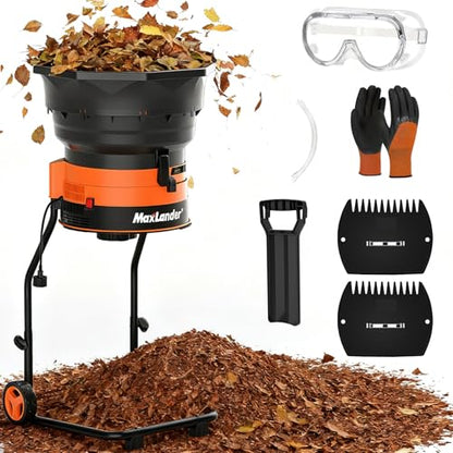 MAXLANDER Electric Leaf Mulcher/Shredder, 15 Amp 8400 RPM, 18:1 Ratio, Adjustable Dial, with Goggles, Leaf Scoops/Gloves, 20 Cutting Lines-Portable Garden/Yard Grinder & Chipper for Wet/Dry Leaves - color: Dark orange