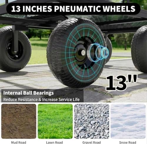  Heavy Duty Steel Garden Cart, 1200 LBS Load Capacity Garden Wagon with 10 inch Tire and 180° Rotating Handle Attach to ATV or Tractor Blac