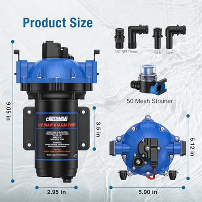 CrestWave 12V RV Water Pump, 7.0GPM 70PSI Diaphragm Pump