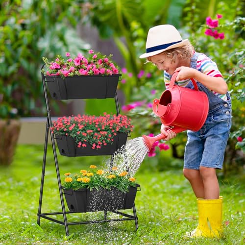 Raised Garden Bed 3 Tier Vertical Garden Planter Elevated Planter Boxes Outdoor Herb Planter with Drainage Holes Removable Tray for Patio Balcony Porch Black - color: Black