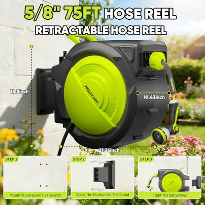 75 FT 5/8" Retractable Garden Hose Reel, Wall Mount - color: Upgrade-green, size: 75FT-5/8"