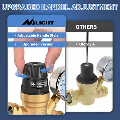 Nilight RV Water Pressure Regulator Adjustable Handle Valve with Gauge - size: Handwheel adjustment