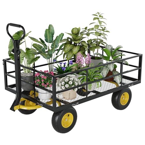 Heavy Duty Steel Garden Wagon Cart - 1400 lbs Load - 3-in-1 Utility Yard Trailer - 13" All-Terrain Tires - Removable Mesh Sides - 180° Rotating Handle - Collapsible for Outdoor, Lawn, Farm - size: 1400 LBS Black