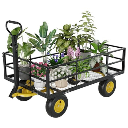 Heavy Duty Steel Garden Wagon Cart - 1400 lbs Load - 3-in-1 Utility Yard Trailer - 13" All-Terrain Tires - Removable Mesh Sides - 180° Rotating Handle - Collapsible for Outdoor, Lawn, Farm - size: 1400 LBS Black