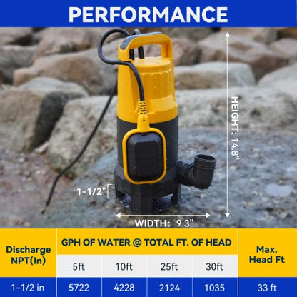 Acquaer 1.2HP Sump Pump, 5722GPH Utility Pump with Auto Float Switch - color: Yellow