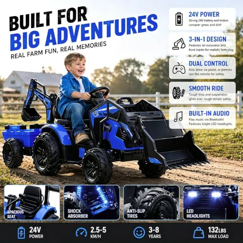 3 in 1 Kids 24V Ride On Tractor, Excavator & Bulldozer, Electric Vehicle w/Trailer, Digger, Shovel Bucket, Remote Control, EVA Tires, LED Lights, Music & USB, Battery Powered Ride On Car Toy, Blue