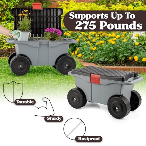 Pure Garden Rolling Garden Cart with Seat, Gray - color: Grey