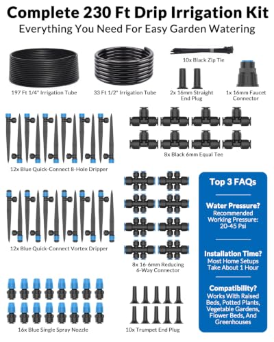 CICKATA 230FT Drip Irrigation System Kit, 20-45 PSI Water Flow Rate 40GPH