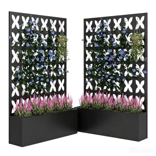 2PCS Metal Planter Box with Trellis,70.9"x47.2"x15.7" Raised Garden Bed with Drainage Holes, Privacy Planters for Outdoor Garden Bed for Climbing Plants,Vegetables,and Vines, Black-X - color: Black