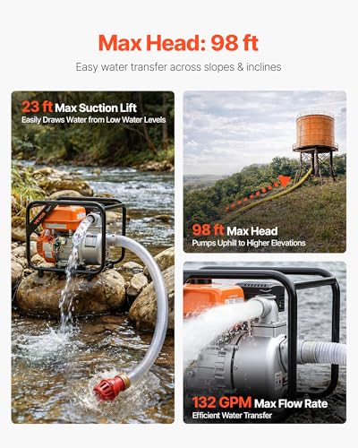 VEVOR Gas Powered Water Pump, 2 in, 132 GPM 7HP Semi Trash Water Transfer Pump Portable, Gasoline Engine with 25 ft Discharge Hose, Heavy Duty Frame, Cast Iron Impeller, for Irrigation, Ponds, Pools - size: 2in 7.0 HP 132 GPM