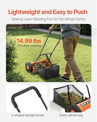 VEVOR Push Reel Lawn Mower 16 inch, 5 Blades Manual Push Mower No Motor, 0.6-1.75 in Adjustable Cutting Height, Walk-Behind Lawn Mowers with Grass Catcher Bag for Green Lawns, Driveways, Courtyards - size: 16 inch
