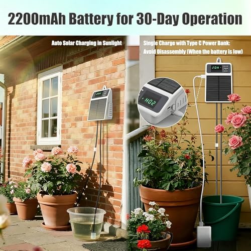 Solar Automatic Drip Irrigation System, DIY Self Watering System with Timer, 10m/33FT Hose, Solar Powered Auto Irrigation Kit for Greenhouse Accessories for Yard, Lawn