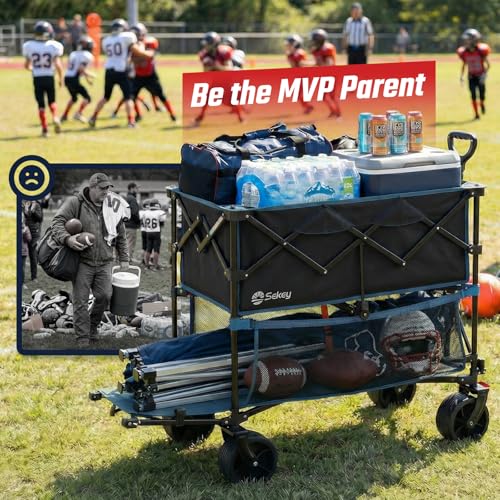 Sekey Double Decker Wagon, 500LBS Heavy Duty Collapsible Utility Cart with 400L Capacity & Extended Lower Shelf, Fits 10x10 Canopy, Foldable Garden Wagon with Big Wheels & Brakes for Sports & Beach - color: Blue