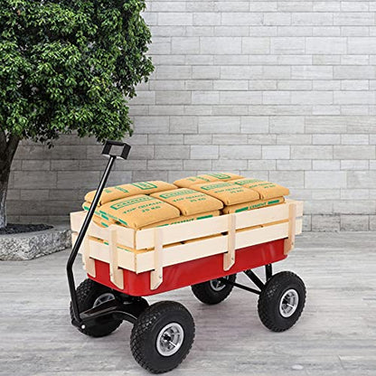 Outvita Outdoor All-Terrain Cargo Wagon, Wooden Side Support, Red