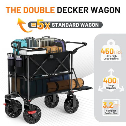 TIMBER RIDGE Push & Pull Double Decker Wagon, 400L Capacity & 450lb Load - color: Black, size: With Push Handle