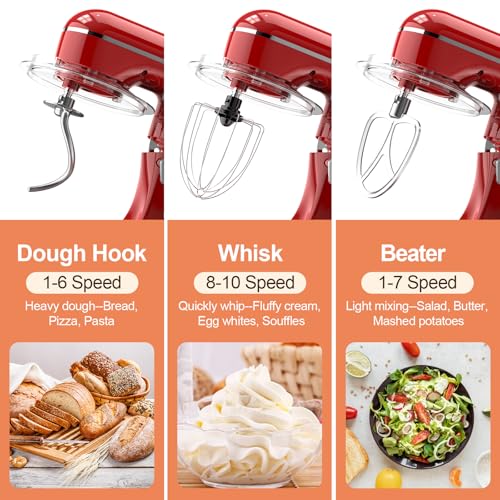 CEBORY 3-IN-1 Electric Stand Mixer, 6.5QT Bowl 660W 10-Speed Kitchen Mixer, Household Food Mixers include Dough Hook, Beater and Whisk, Bread Cake Mixer for Baking and Most Home Cooks, Red - color: Red