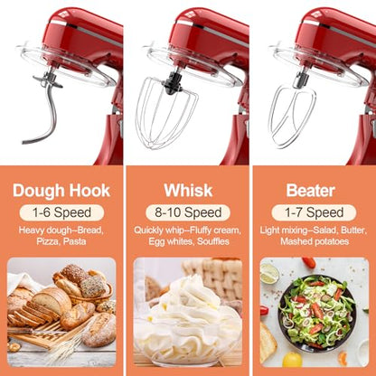 CEBORY 3-IN-1 Electric Stand Mixer, 6.5QT Bowl 660W 10-Speed Kitchen Mixer, Household Food Mixers include Dough Hook, Beater and Whisk, Bread Cake Mixer for Baking and Most Home Cooks, Red - color: Red