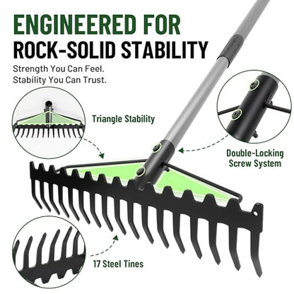 Walensee Heavy Duty Dual-Sided Bow Rake, 63" Stainless Steel Handle, Heat-Treated Manganese Steel Head, 17 Steel Tines Metal Garden Rake for Soil Loosening, Yard Leveling, Lawn Care and Thatch Removal