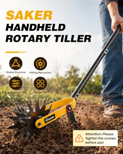 Saker 2-in-1 Rotary Cultivator Hand Tiller with Long Handle