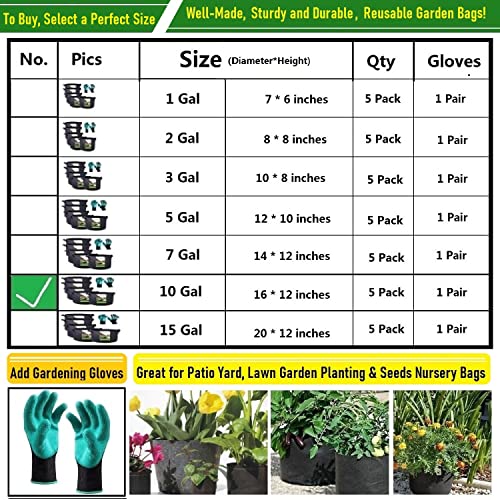 5-Pack 10 Gallon Thickened Plant Grow Bags (16x12 in) Fabric Plant Pots for Tomato,Potato Planters,Herbs Veggies Planter Bag,Flower Pot,Garden Pot,Barrel Planter,Plant Container with Gardening Gloves - size: 10 Gallon (16x12 inches)
