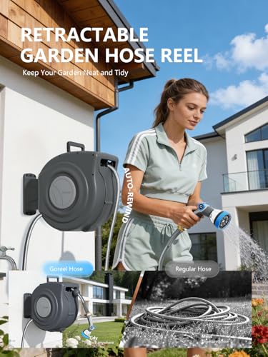 Retractable Garden Hose Reel 1/2 in x 65 ft Heavy Duty Automatic Water Hose Reel with 10-Function Sprayer Nozzle Kink-Free Auto Rewind Any-Length Lock 180° Swivel UV Resistant - Dark Gray - color: Dark Gray, size: 1/2 in x 65 ft
