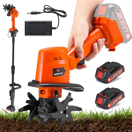 NEWTRY Cordless Electric Tiller Cultivator, 4'' Tilling Depth & Width