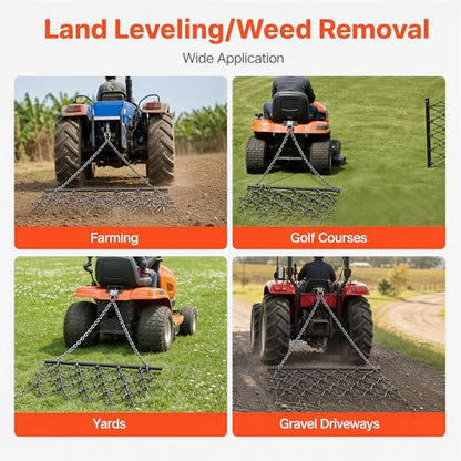 4FT Heavy Duty Steel Drag Harrow, Field Leveling Chain Rake for ATV UTV Compact Tractors, Black Coated Durable Construction