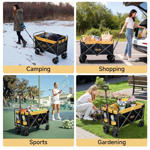 Collapsible Folding Wagon with Tailgate and Brake, Duty Utility Cart - color: Yellow, size: Large with Tailgate