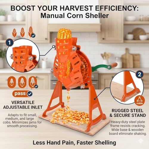 Corn Sheller, Corn Stripper Manual Hand Crank Steel Corn Thresher with Stand Heavy Duty for Farm & Home Use