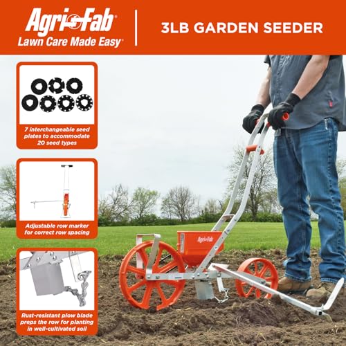 Agri-Fab Push Garden Seeder Planter with 7 Interchangeable Seed Plates, 3 lb Capacity Hopper and Adjustable Row Marker, Orange