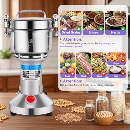 Heavy-Duty Electric Grain Mill Grinder – 2000W 750g Capacity 304 Stainless Steel Commercial Grade for Grinding Dry Grains, Coffee, Spices – High-Speed Motor, Easy Clean, Overload Protection - size: 750G