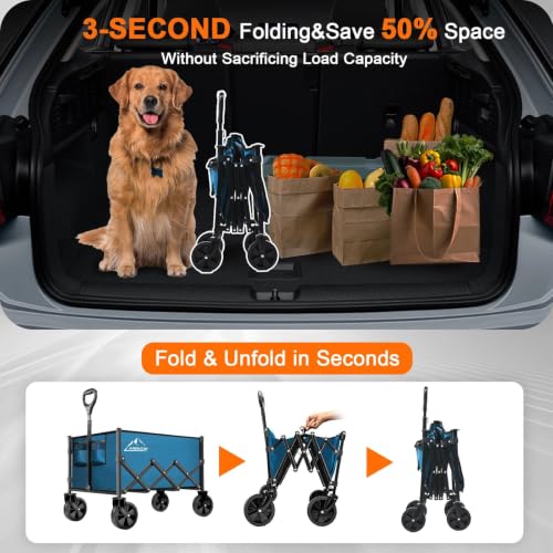 AMNOW 100L Collapsible Wagon Cart with All Terrain Wheels, 350LBS, Blue - color: Blue-3