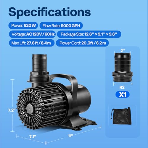 VIVOHOME 620W Pond Pump, 9000GPH Submersible Water Pump for Koi Pond - size: 9000GPH