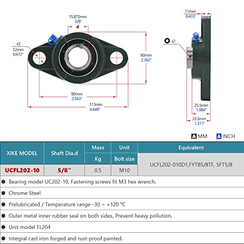 XIKE 2 Pcs UCFL202-10 Bore 5/8" Pillow Block Flange Mounted Ball Bearings. - size: UCFL202-10 Bore 5/8"