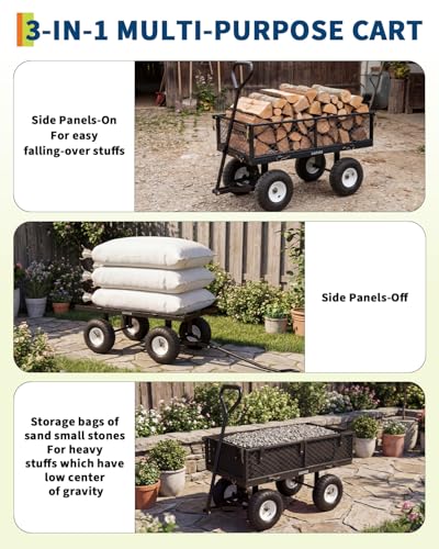 Garvee Versatile Outdoor Utility Cart-400LBS Heavy-Duty, 10" All-Terrain Pneumatic Tires, Easy Maneuverable Lawn Cart with Removable Mesh Panels for Gardening&Landscaping, Black, with Waterproof Liner - color: Black,with Waterproof Liner