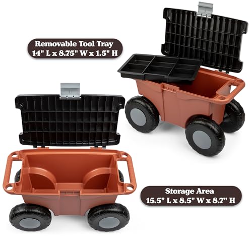 Pure Garden Rolling Garden Cart with Seat, Terracotta - color: Terracotta
