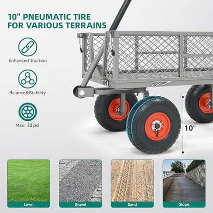 Heavy Duty Garden Cart, 900 lb Steel Wagon with All Terrain Tires | Removable Sides Become Flatbed, 180° Rotating Handle,for Yard, Garden, Hauling - color: 900lb|gray&orange