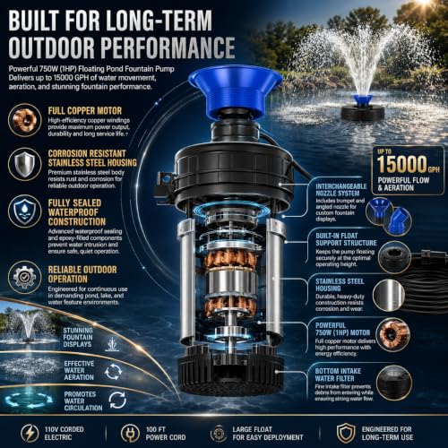 1HP Farm Pond Fountain Pump 15000 GPH with Timer, 100FT Cord