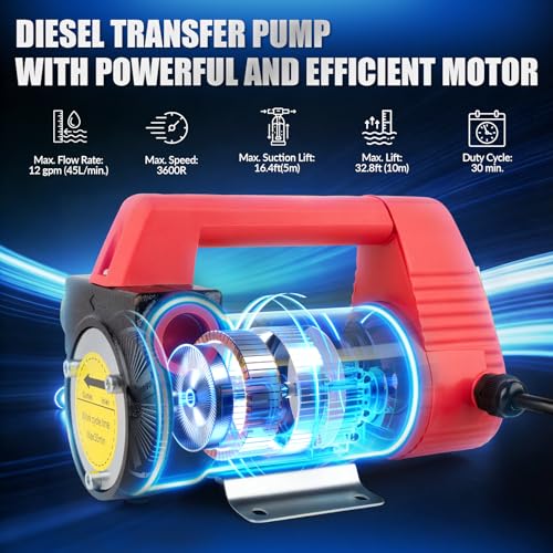 12V Diesel Transfer Pump Kit, 11.9 GPM Electric Fuel Pump with Nozzle Hoses
