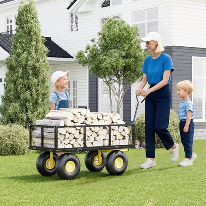 Yard Cart 1400 LBS Capacity, 10" Pneumatic Tires & Convertible Flatbed, Heavy Duty Steel Garden Utility Wagon for Lawn, Farm, Construction, Hauling Soil, Mulch, Firewood - color: Black Yellow, size: 1400LBS