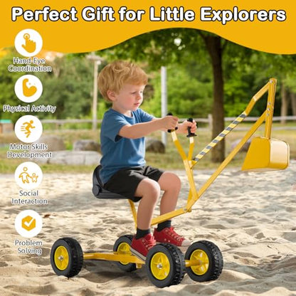 Costzon Kids Ride On Digger, 360° Seat Rotatable Excavator Crane Toy for Sand, Dirt, Snow, Heavy Duty Steel Beach Sandbox Sit on Digger for Boys Girls Outdoor Play (with Wheels) - style: w/ 4 Wheels