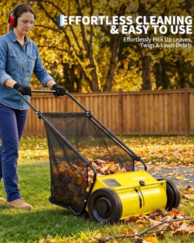 21" Push Lawn Sweeper, 6 Cu.Ft. Hopper, 3 V-Shaped Brushes, Height Adjustable - color: Yellow, size: 21in