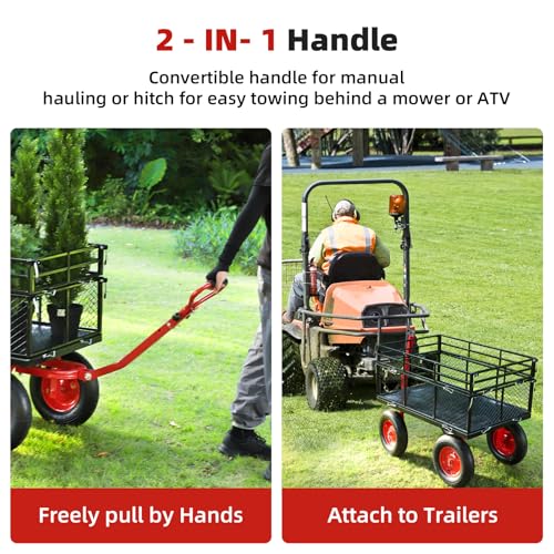 1400 lbs Steel Garden Cart, Heavy Duty Metal Yard Utility Wagon with Removable Mesh Sides, 2-in-1 180° Rotating Handle and 16 inch Wheels, Steel Utility Wagon Perfect for Garden, Farm, Yard - color: Red, size: 1400lbs Utility Wagon