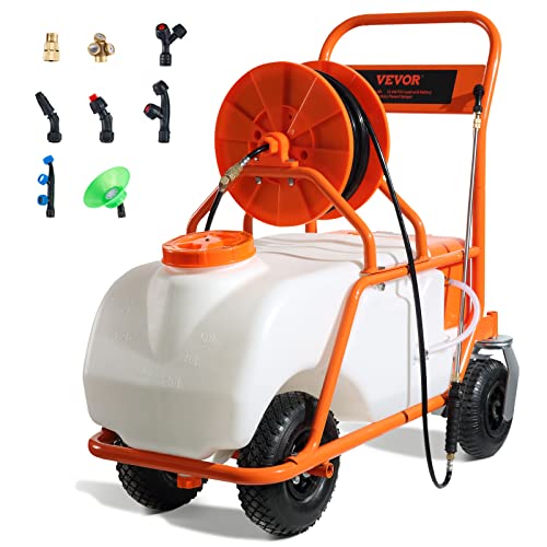 VEVOR Battery Powered 15 Gallon Garden Weed Sprayer with Wheeled Cart, 126FT Hose with Reel, 8 Nozzles, 2 Wands with Lock Trigger, 0-90PSI, 5-6h Spray Time, Wide Mouth Lid, Rotating Wheels with Brake - size: 15 Gal-Custom Bulit Cart