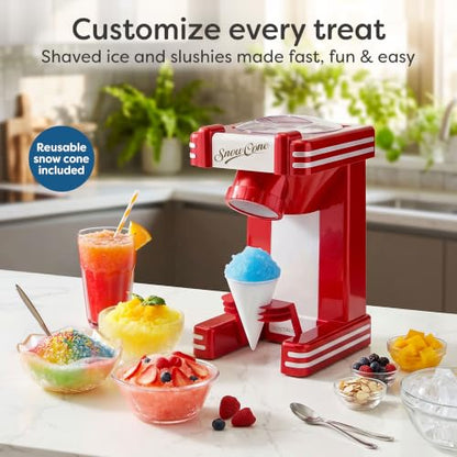Nostalgia Snow Cone Shaved Ice Machine - Makes 20 Icy Treats - Includes 1 Reusable Plastic Cup - Retro Red - color: Red, style: Single Serve