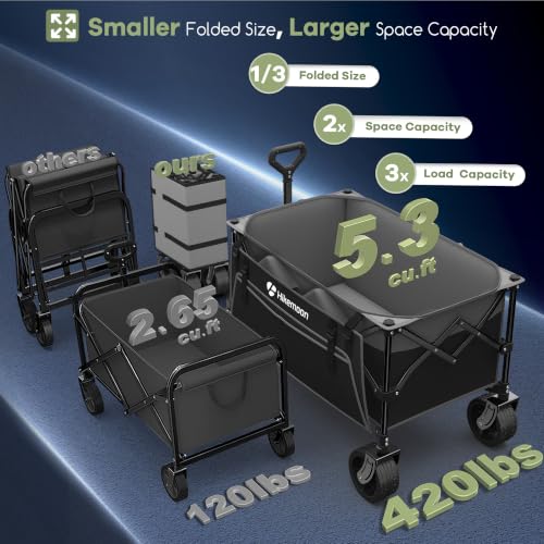 HIKEMOON 150L Collapsible Wagon Compact, Big Wheels, 420LBS Grey & Black - color: Grey & Black