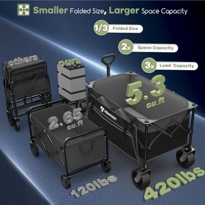 HIKEMOON 150L Collapsible Wagon Compact, Big Wheels, 420LBS Grey & Black - color: Grey & Black