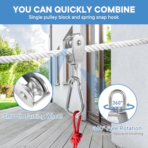 2X 304 Stainless Steel M25 Single Swivel Rope Pulley Blocks with Snap Hooks - size: M25-2pcs